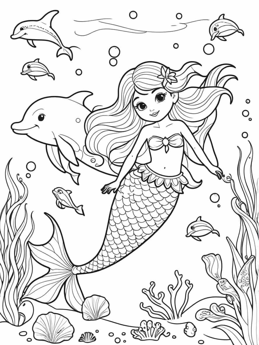 Mermaid And Dolphin Coloring Pages