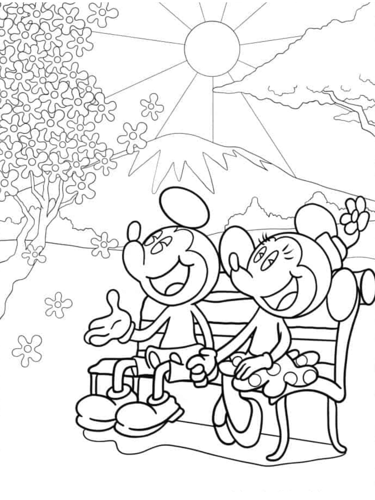 Mickey And Minnie Mouse Sitting On Bench To Color