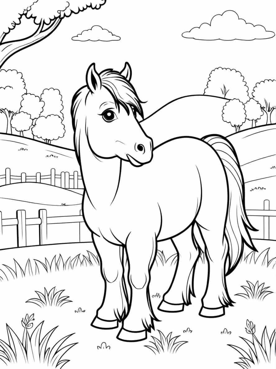 Miniature Horse Eating Grass In Pasture Coloring Pages