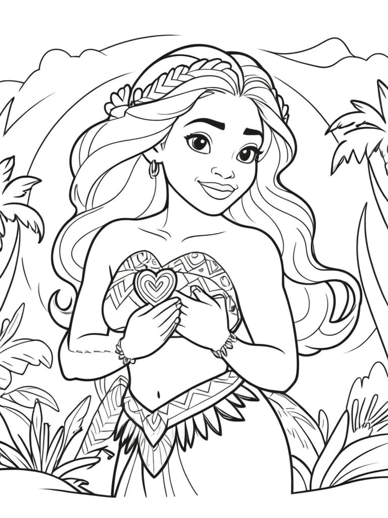 Moana Holding The Heart Coloring Pages