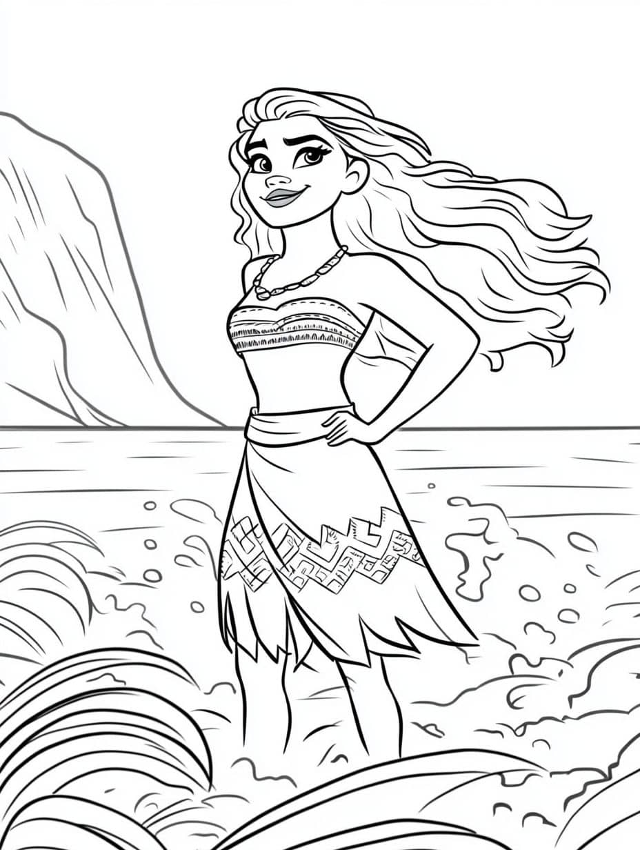 Moana Singing On The Shore Moana Standing Coloring Pages