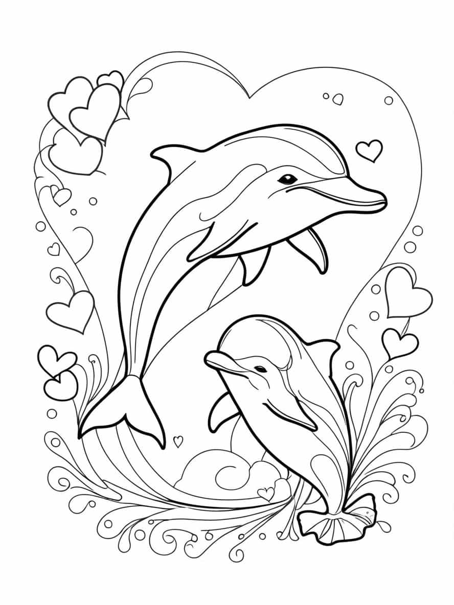 Mother And Baby Dolphin With Love Hearts Coloring Pages