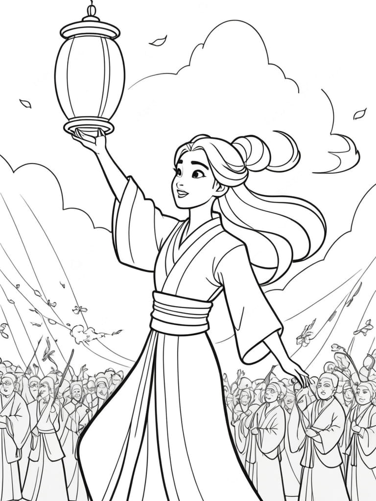 Mulan Releasing A Lantern Into The Sky Coloring Pages