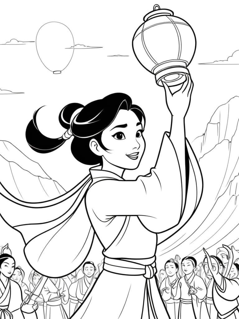 Mulan Releasing A Lantern Into The Sky Coloring Sheets