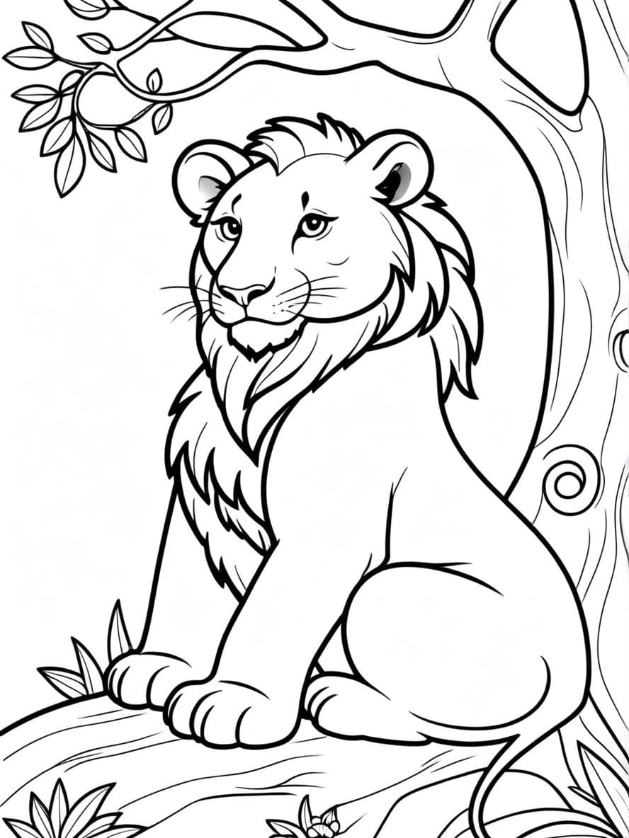 Mumma Lion Resting On Tree Coloring Page