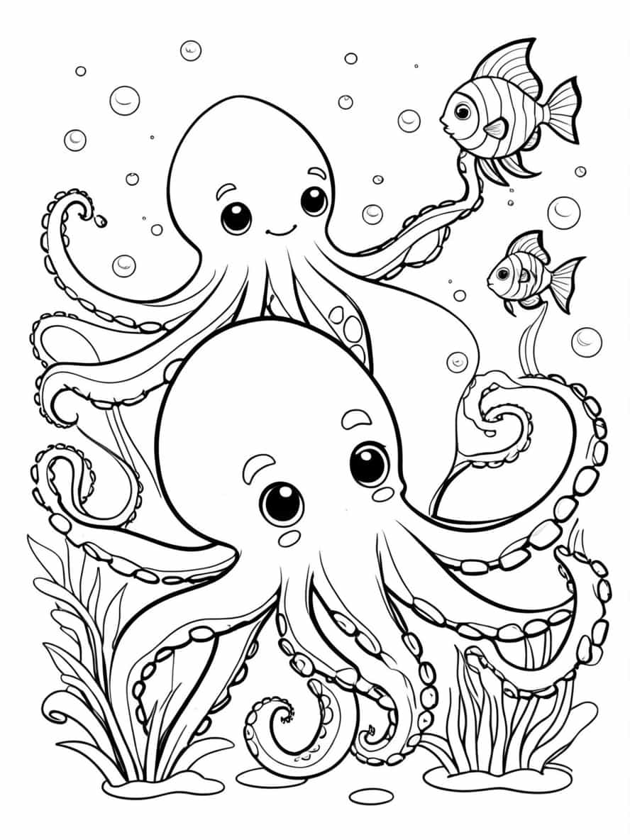 Octopus And A Fish Swimming Together Coloring Pages