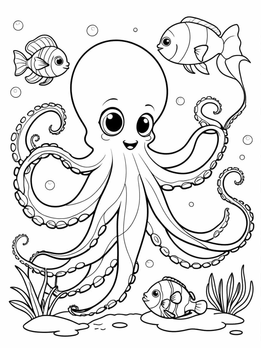 Octopus And Fish Swimming Together Coloring Pages