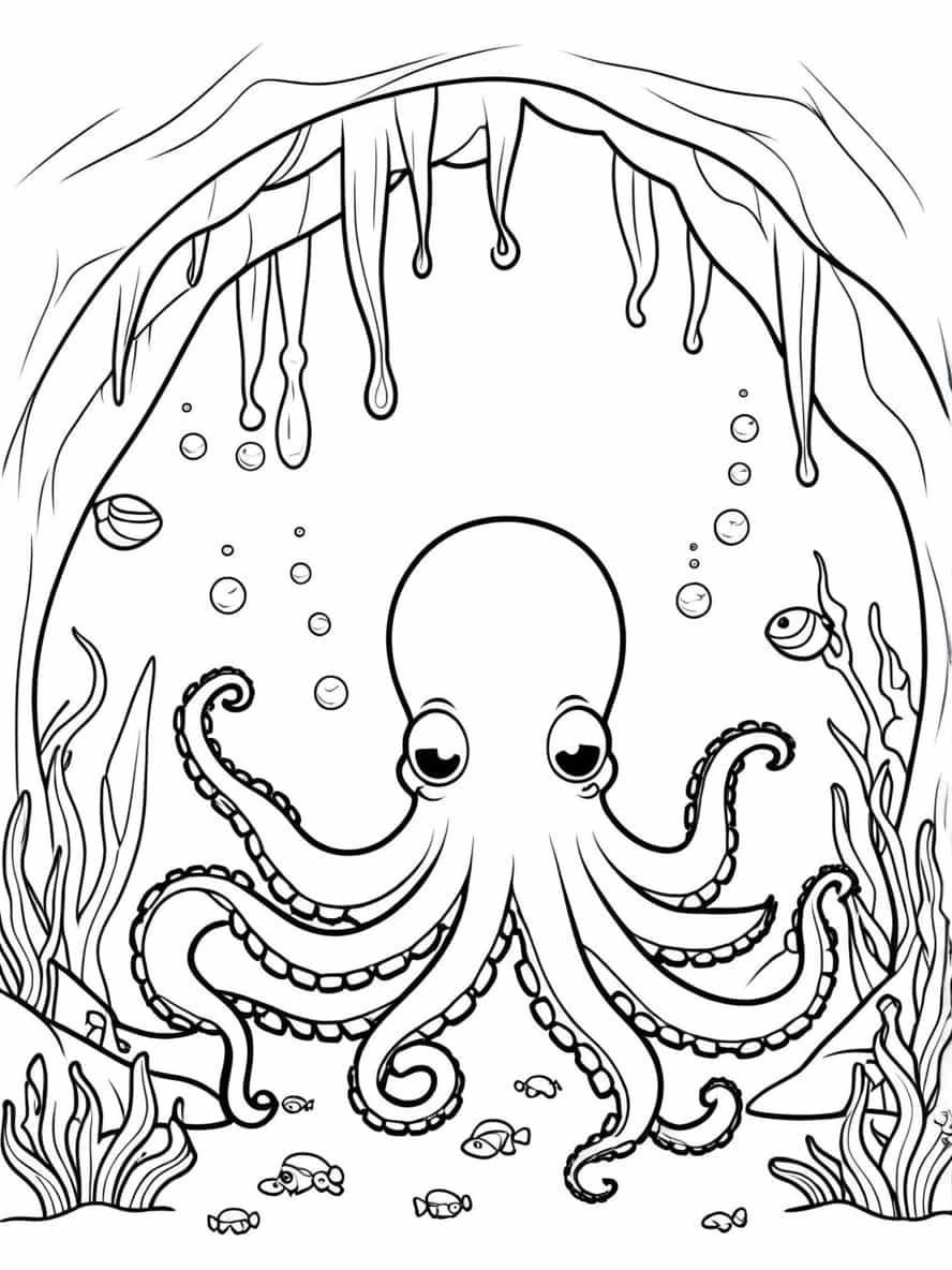 Octopus Hiding In An Underwater Cave Coloring Pages