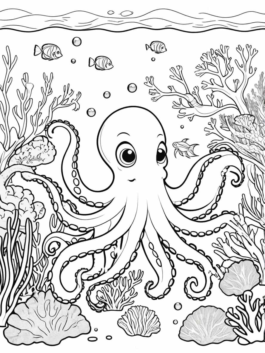 Octopus Swimming Among Coral Reefs Coloring Pages