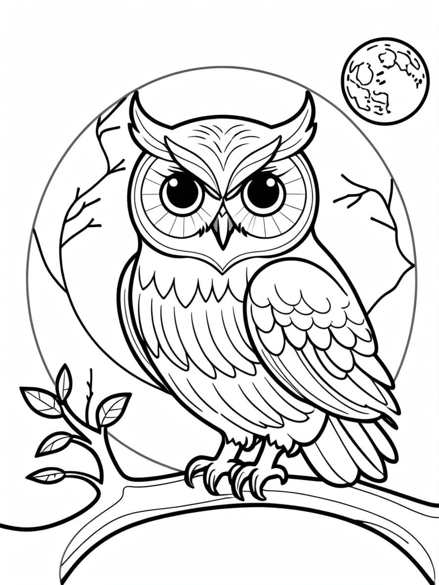 Owl And A Full Moon In A Spooky Halloween Coloring Pages