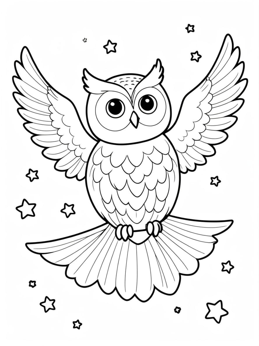 Owl Flying Through A Night Sky With Stars Coloring Pages