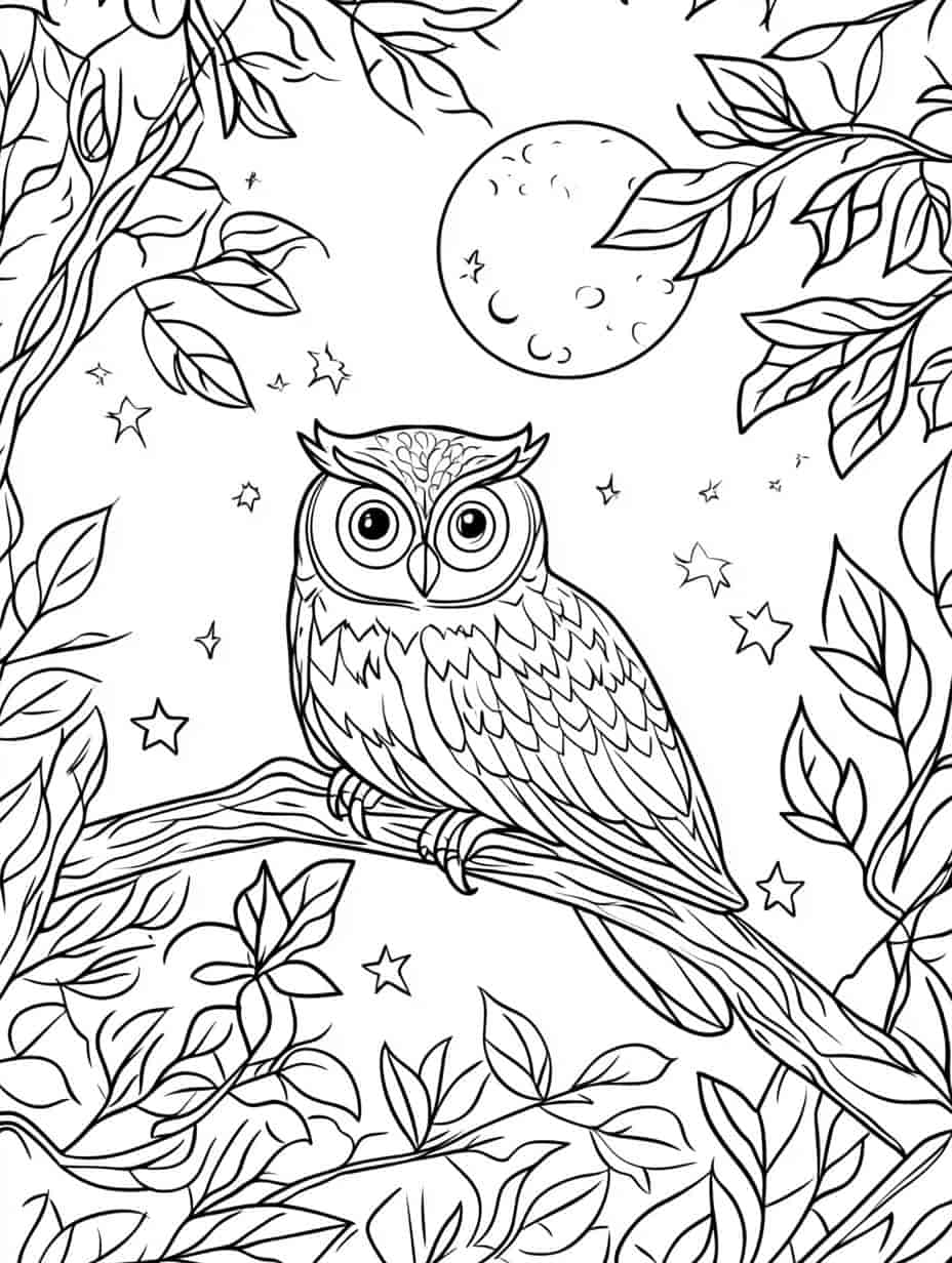 Owl Perched On A Tree Branch Coloring Pages