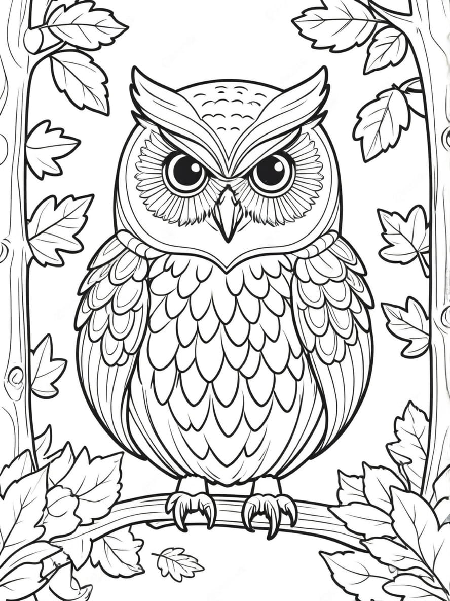 Owl Surrounded By Fall Leaves In An Autumn Coloring Pages