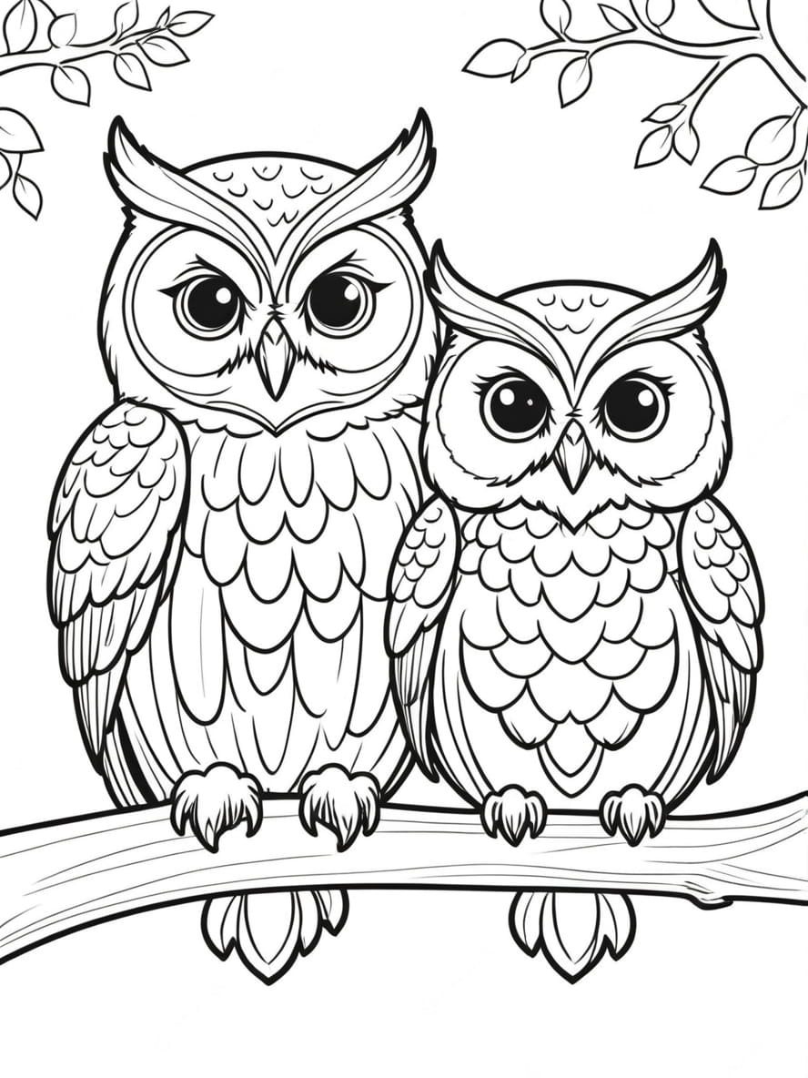 Pair Of Owls Sitting On A Tree Together Coloring Pages