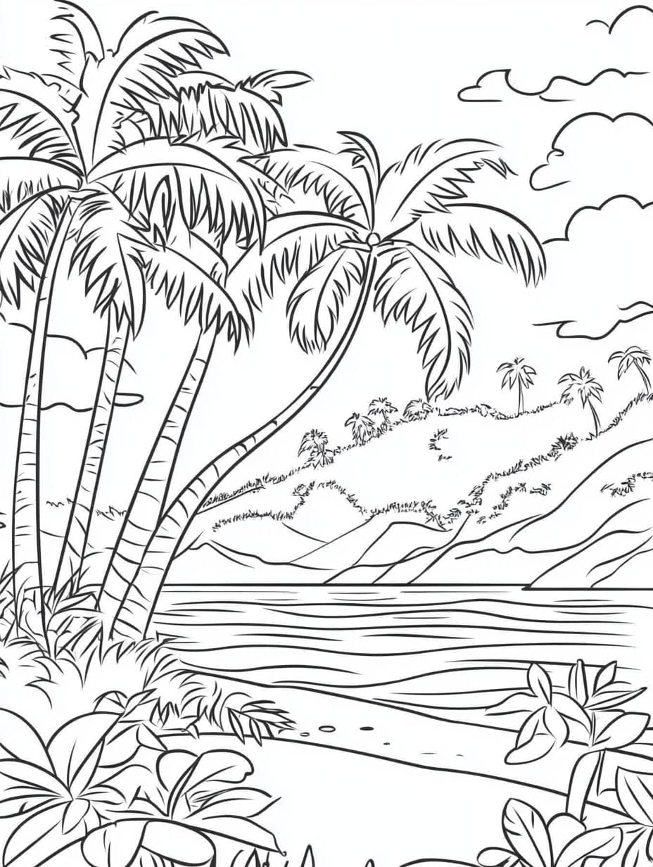 Palm Trees And Beach Coloring Pages