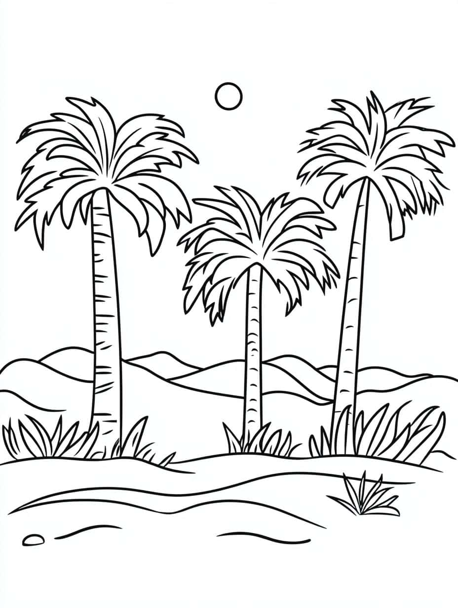 Palm Trees In The Desert And The Sun Coloring Pages