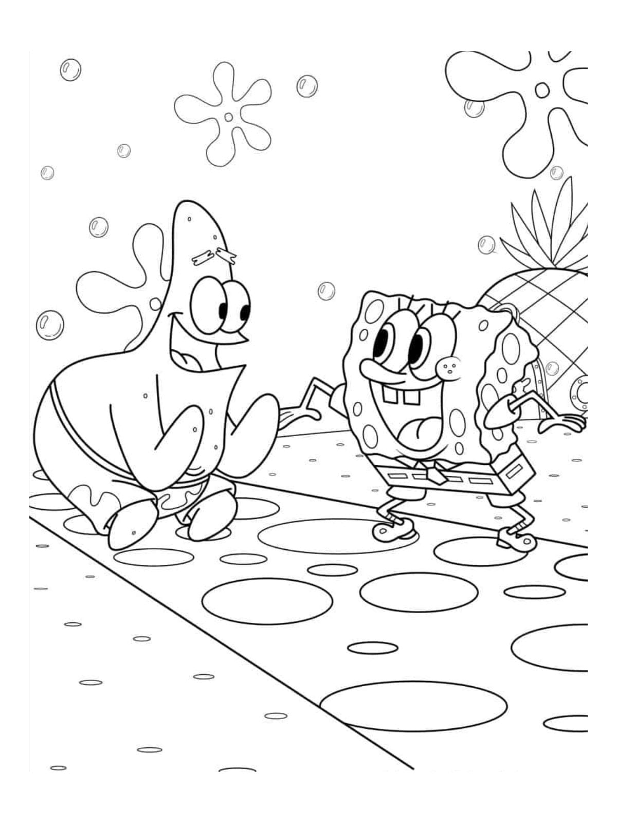 Patrik And Spongebob Laughing Coloring Page For Kids