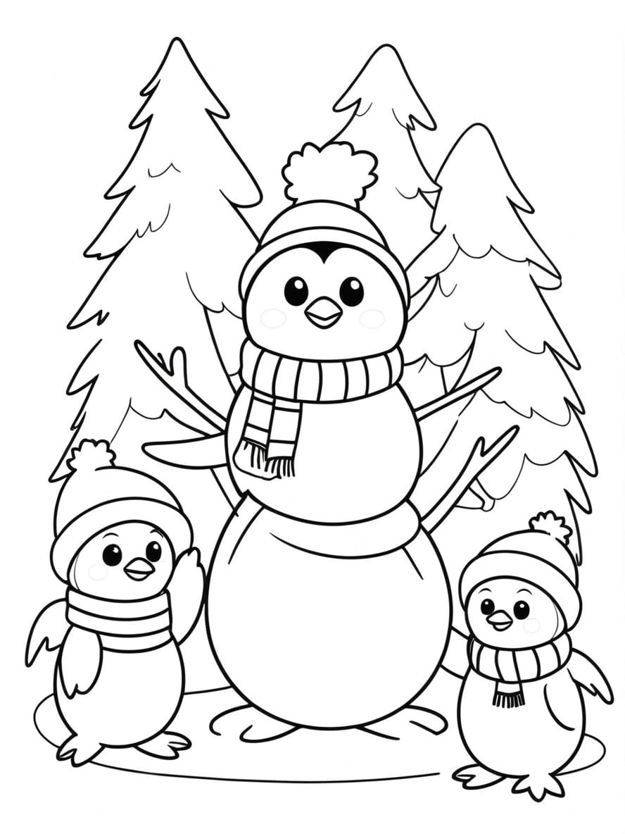 Penguin With A Snowman Coloring Pages