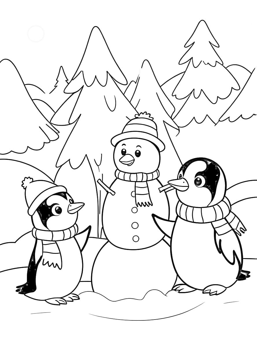 Penguin With Snowman Coloring Pages