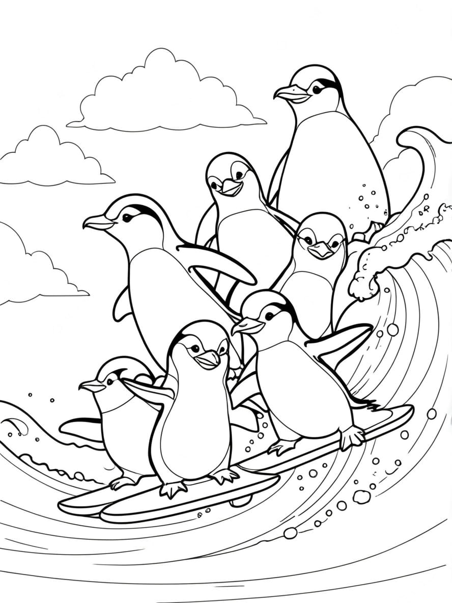 Penguins Surfing On Ice Wave