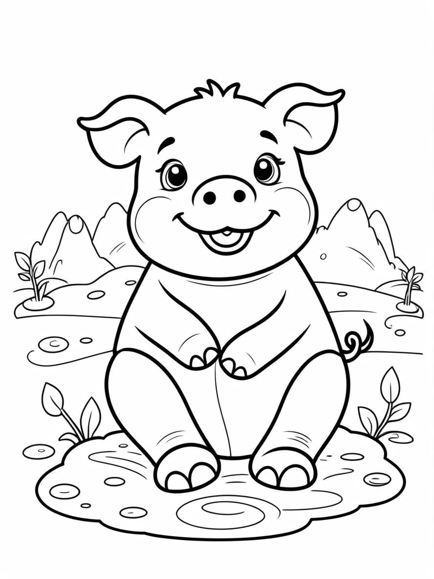 Pig Sitting In Mud Coloring Page