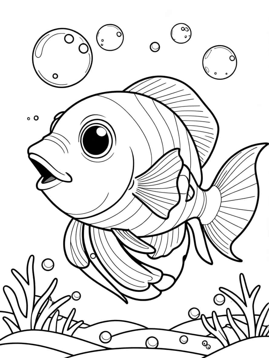 Playful Fish Blowing Bubbles Underwater Coloring Pages