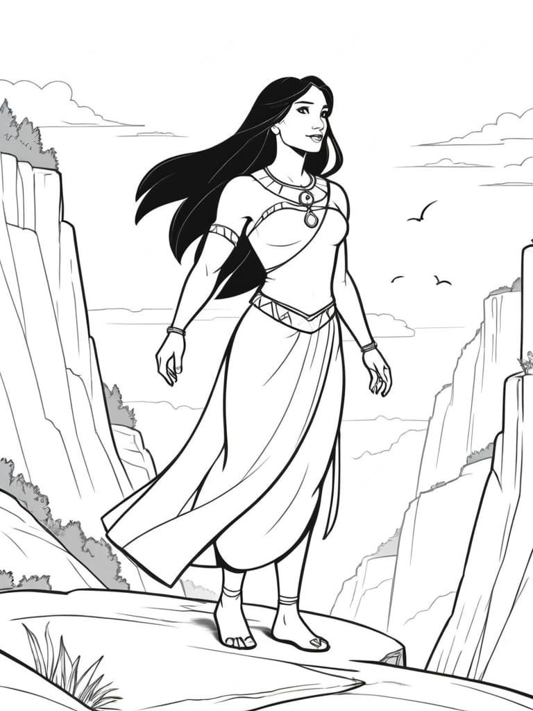 Pocahontas Standing On A Cliff Coloring Sheets