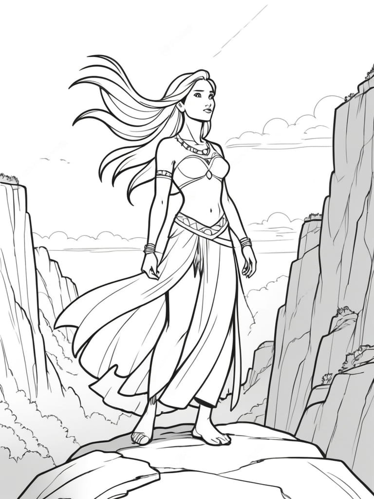 Pocahontas Standing On A Cliff With The Wind Coloring Pages