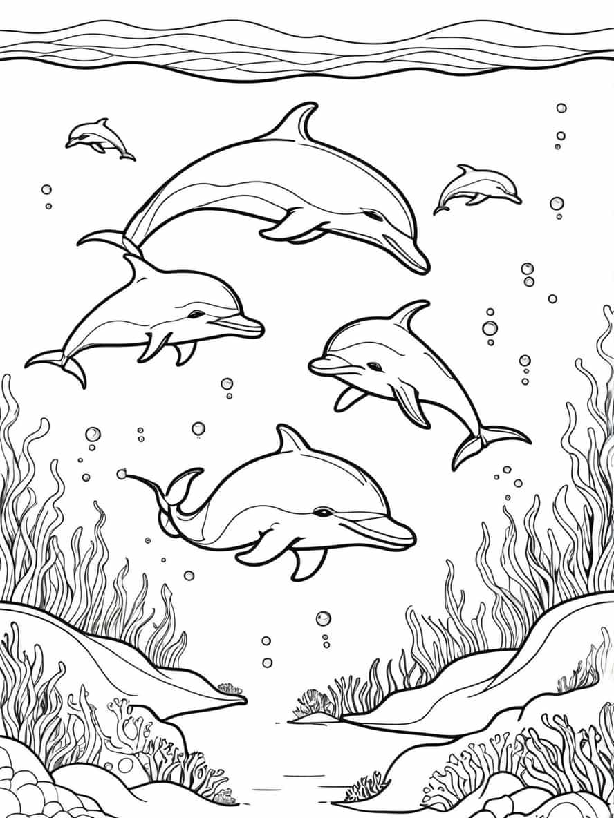 Pod Of Dolphins Underwater Coloring Pages