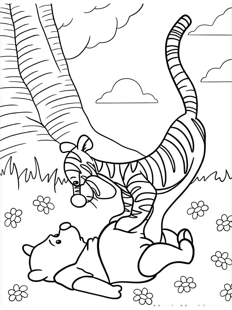 Pooh And Tiger Playing In Flower Filed Coloring Pages