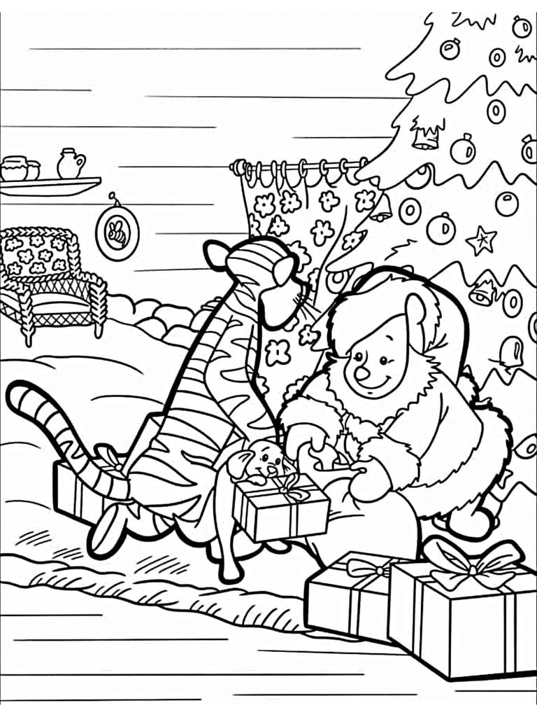 Pooh Dressed As Santa With Christmas Tree Coloring Page