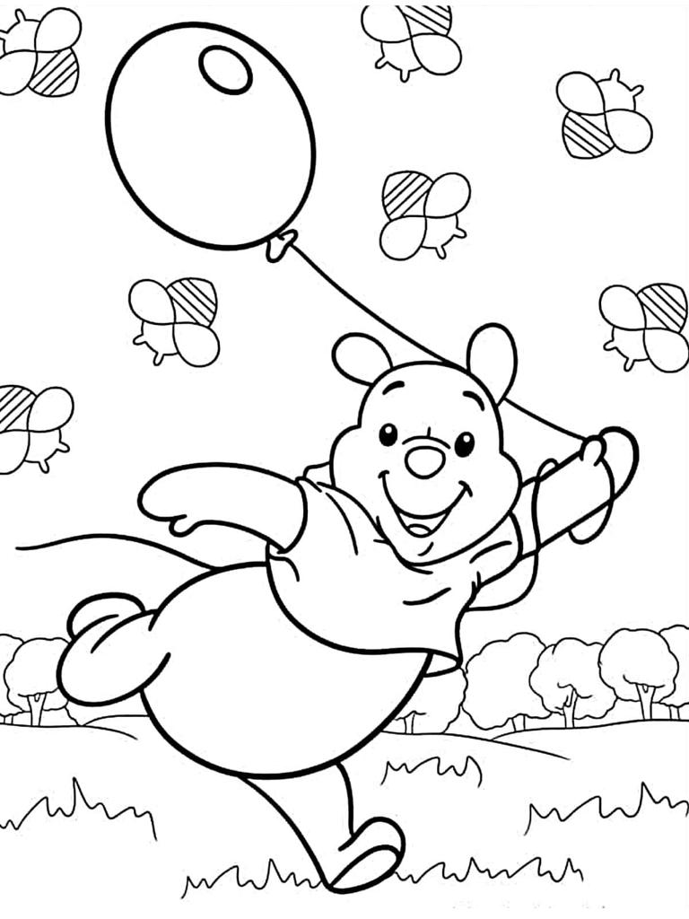 Pooh Playing In Field With Balloon To Coloring Page