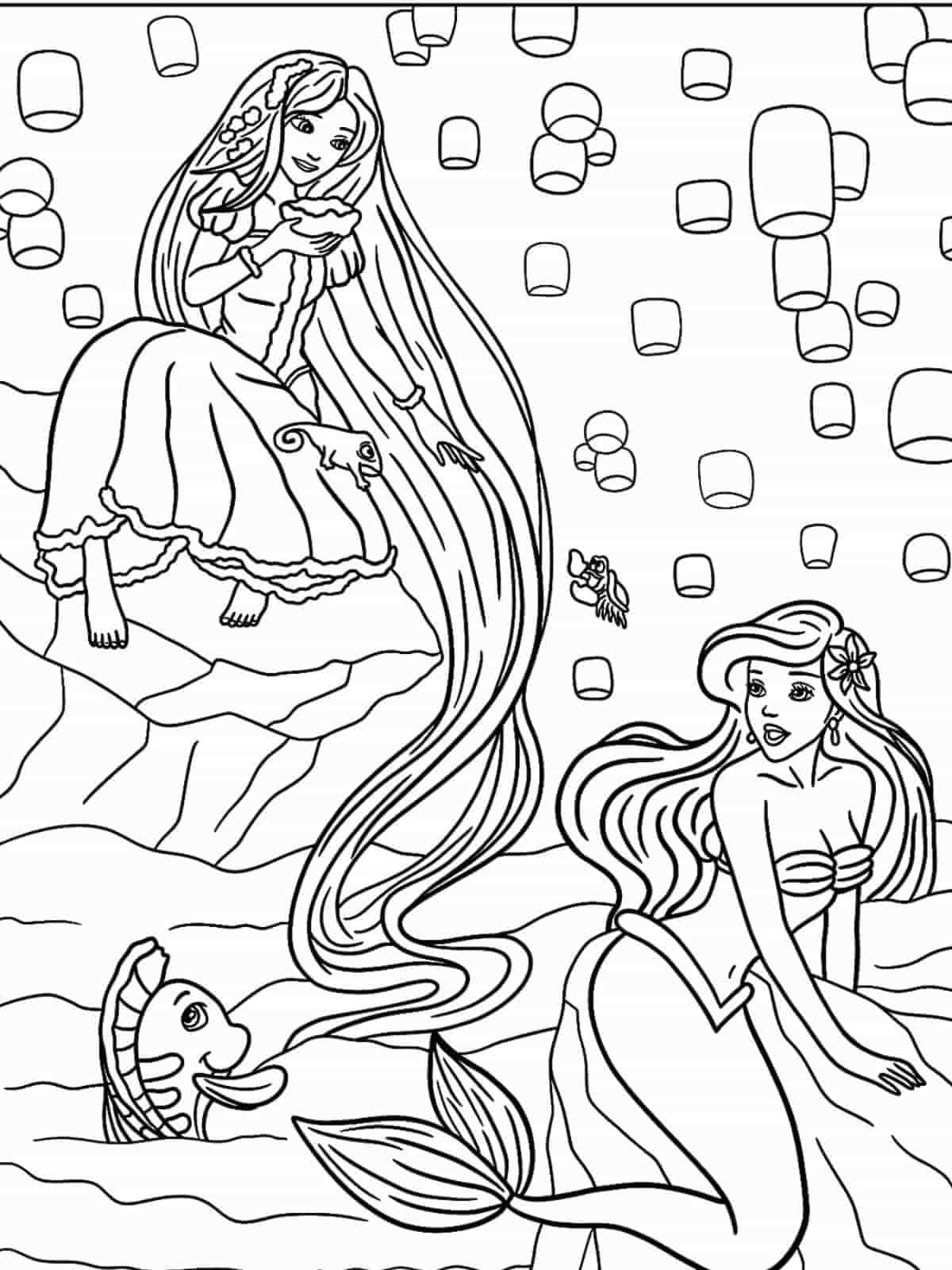 Princess Rapunzel And Ariel Coloring Page