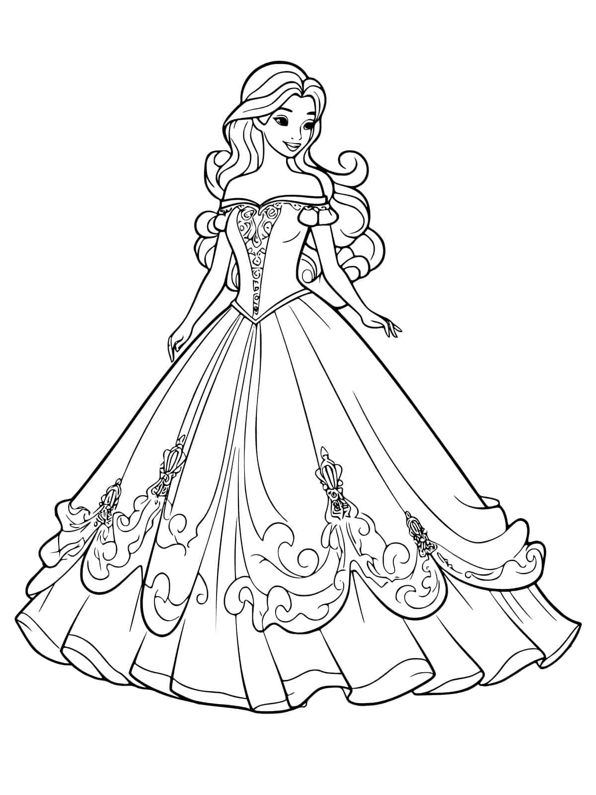 Princess With Beautiful Dress Coloring Page