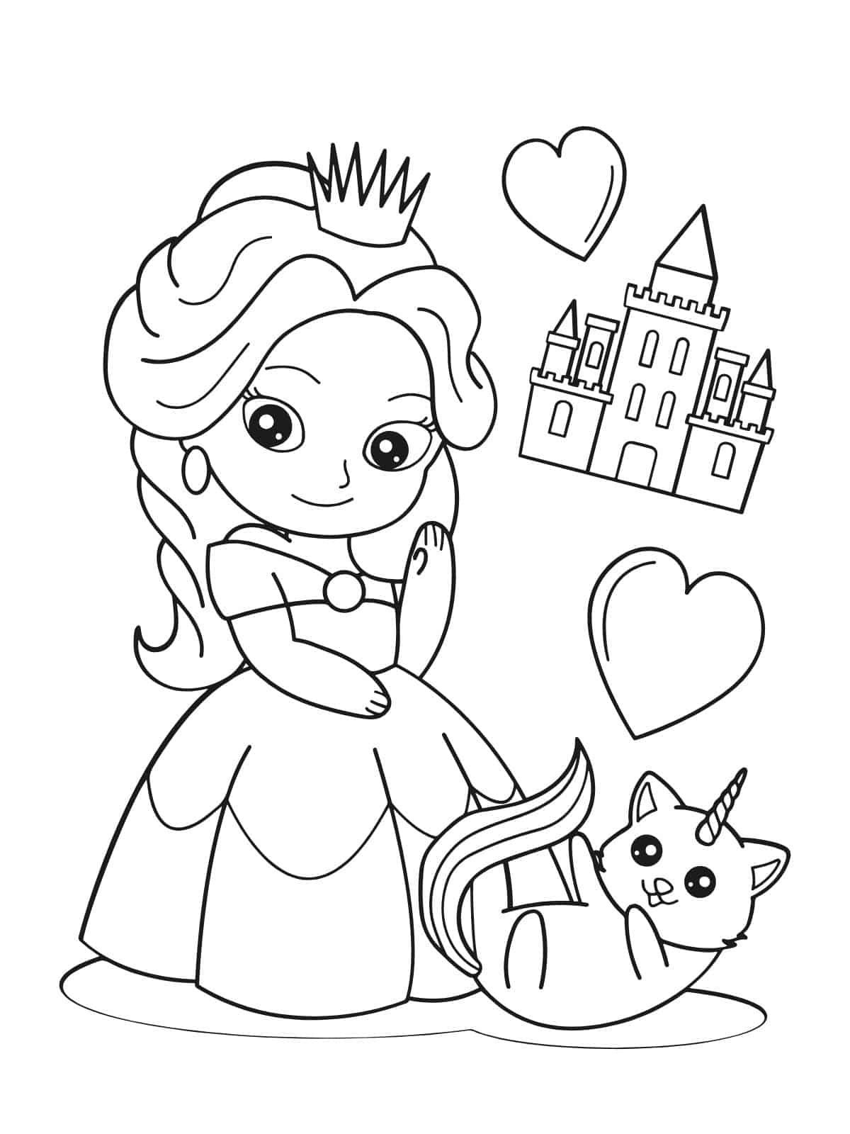 Princess With Cat Unicorn Coloring Page