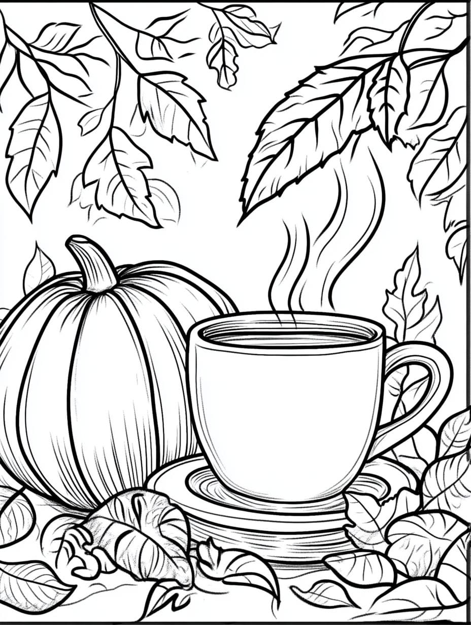 Pumpkin And Autumn Tea Coloring Pages