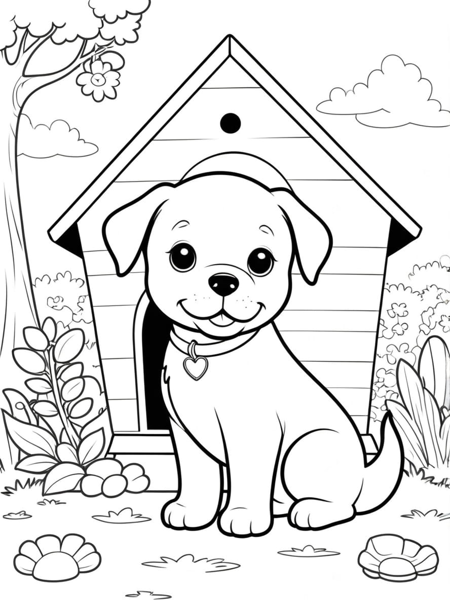 Puppy In Front Of Dog House Coloring Pages