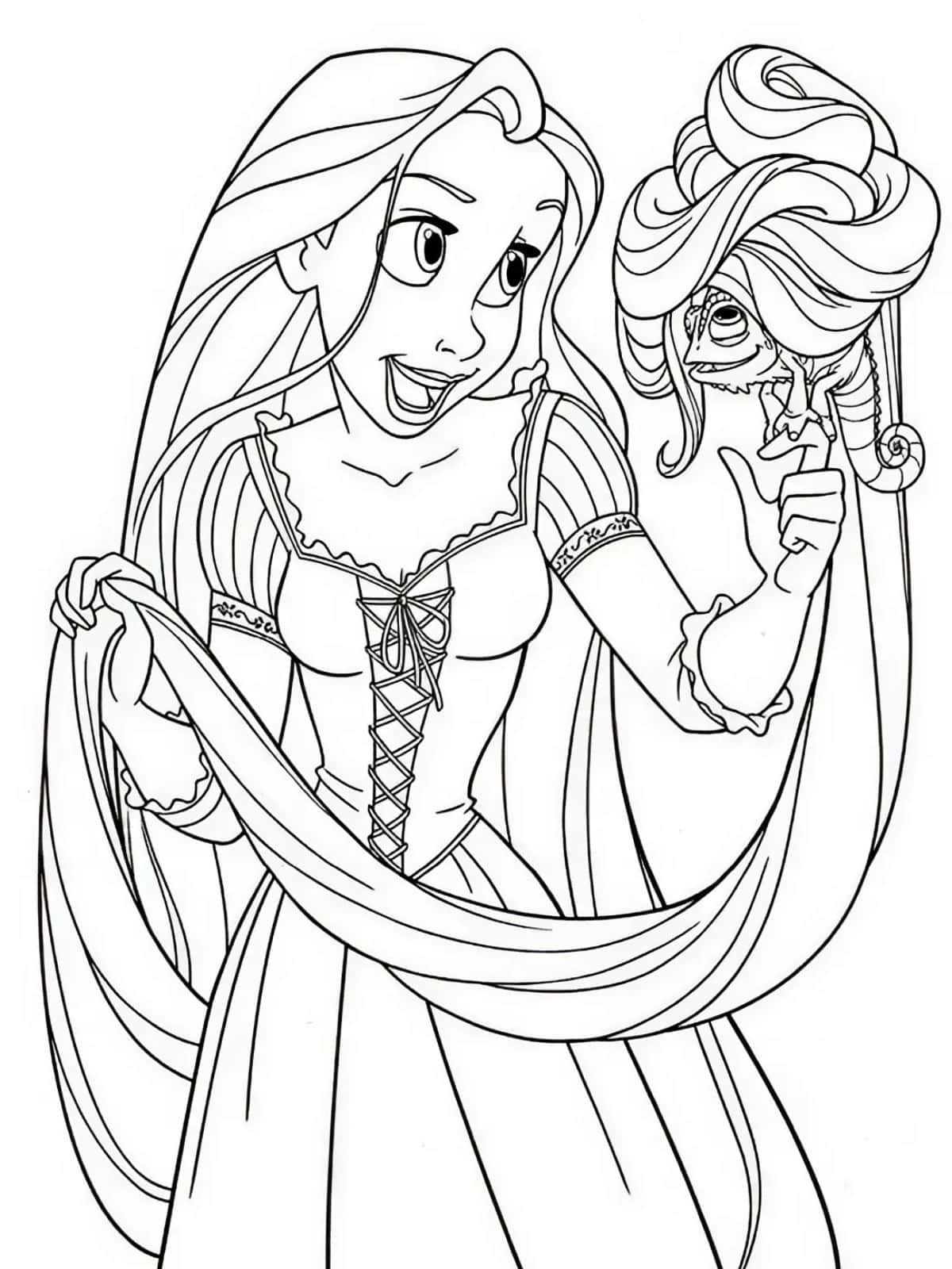 Rapunzel And Pascal Hugging Coloring Page