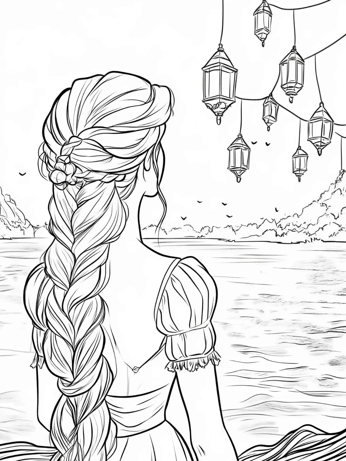 Rapunzel Floating On Lanterns Coloring Page