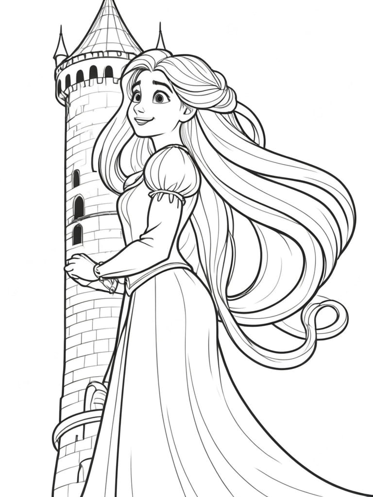 Rapunzel Letting Her Long Hair Coloring Pages