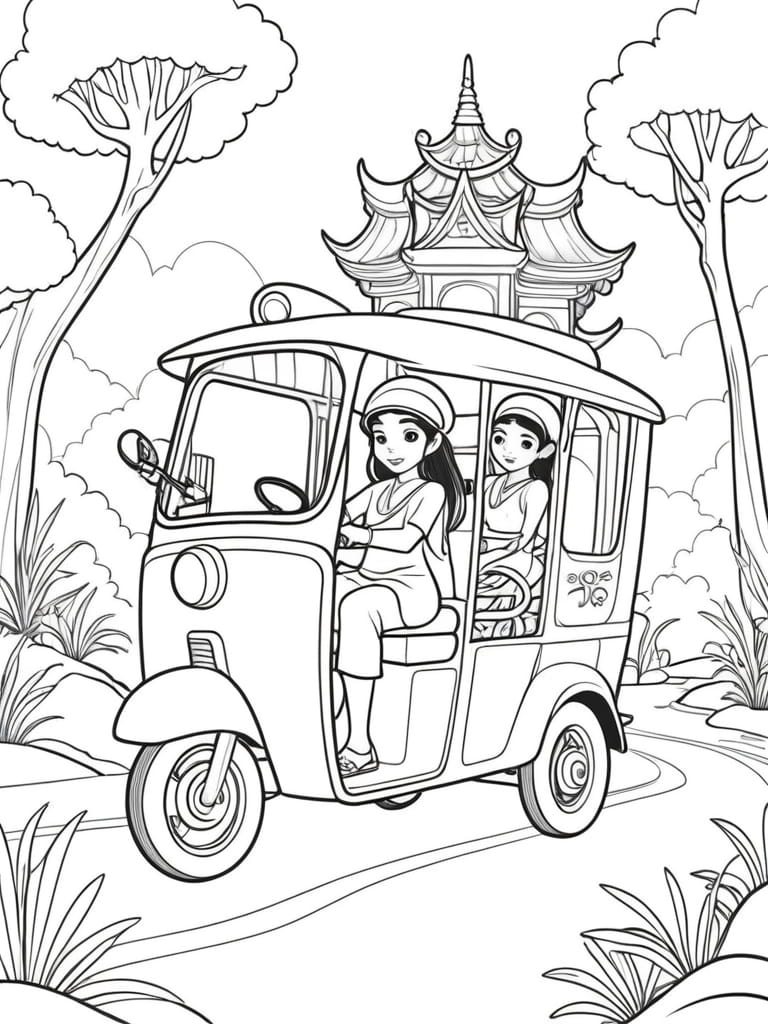 Raya Riding Tuk Tuk Through The Fantasy Land Coloring Pages