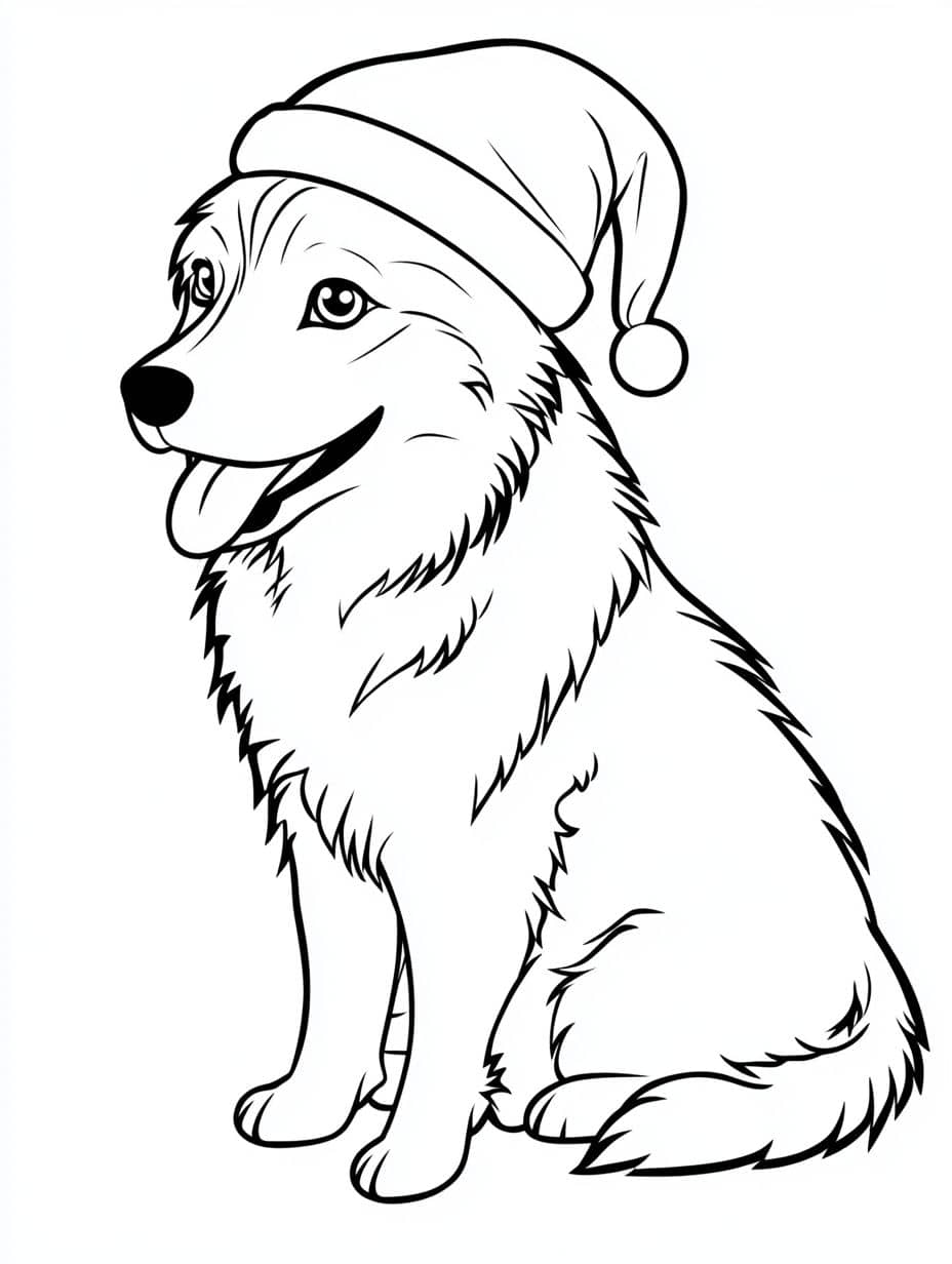 Realistic Husky With A Christmas Hat Coloring Pages