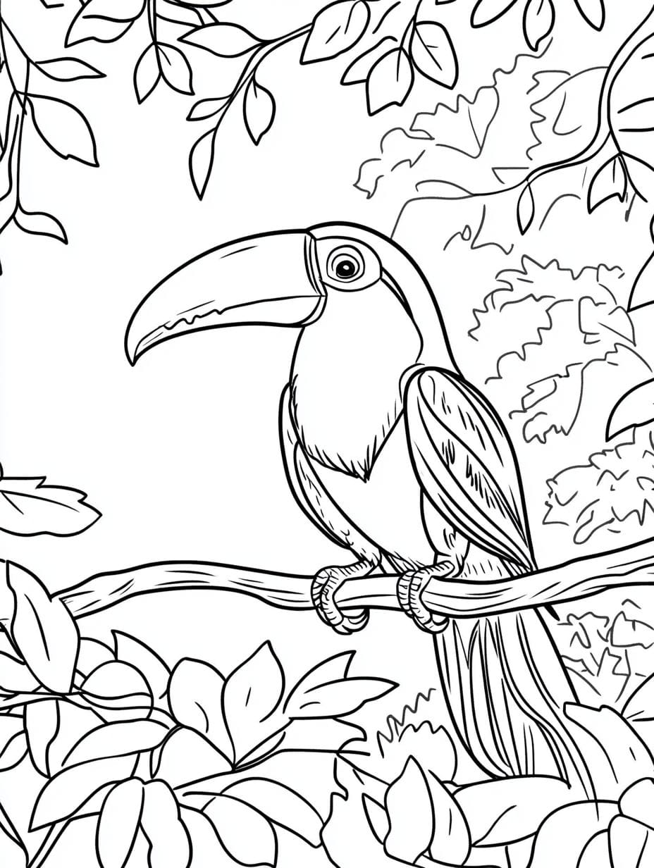 Realistic Toucan In The Jungle Coloring Page