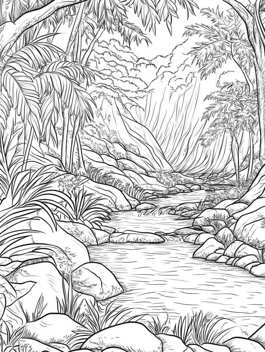 Refreshing Stream Jungle Coloring Pages