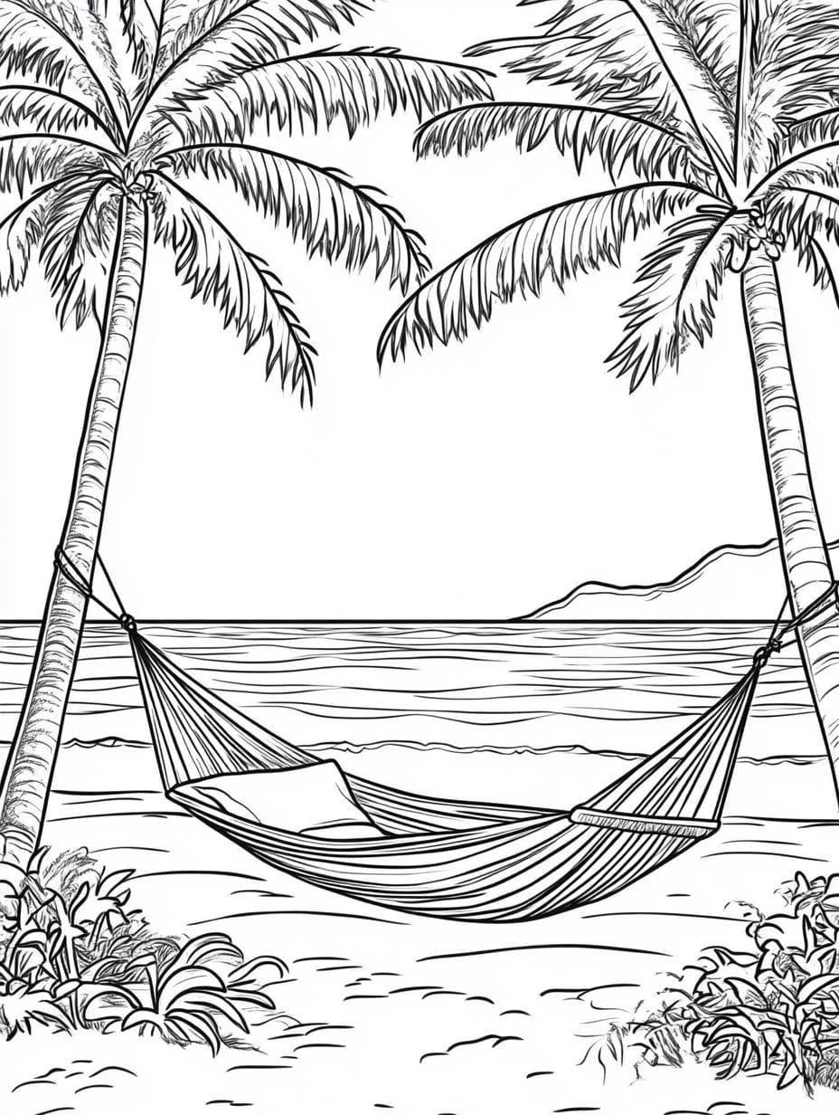 Relaxing In A Hammock By The Beach Coloring Pages