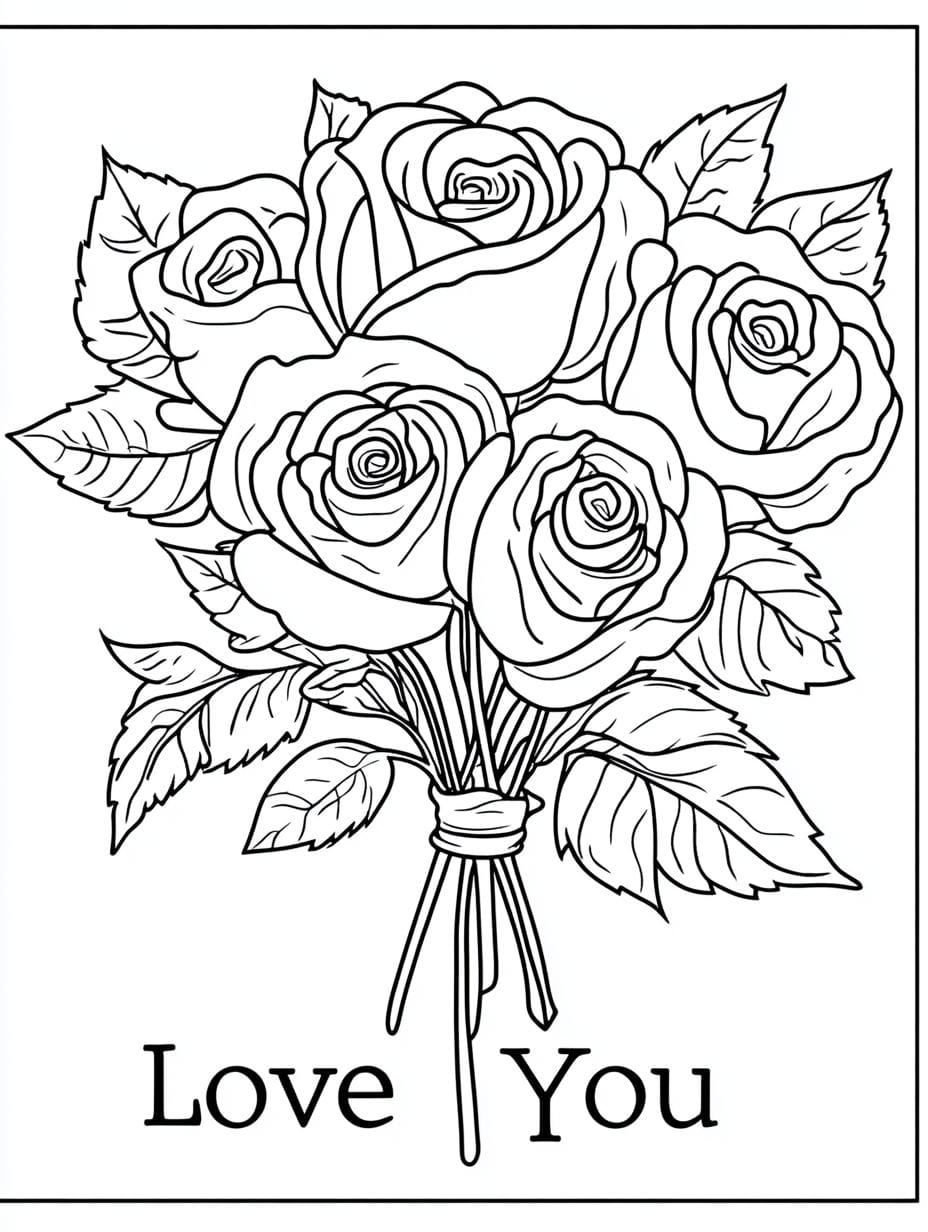 Rose Bouquet Love You Coloring Pages