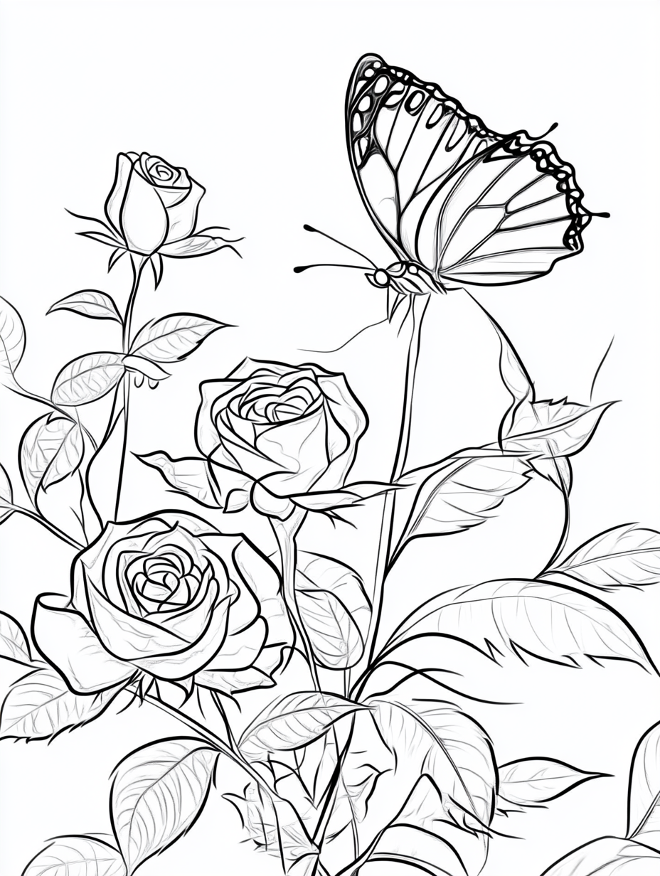 Rose With Butterfly Coloring Pages