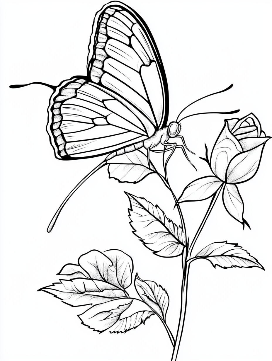 Rose With Butterfly Coloring Sheets