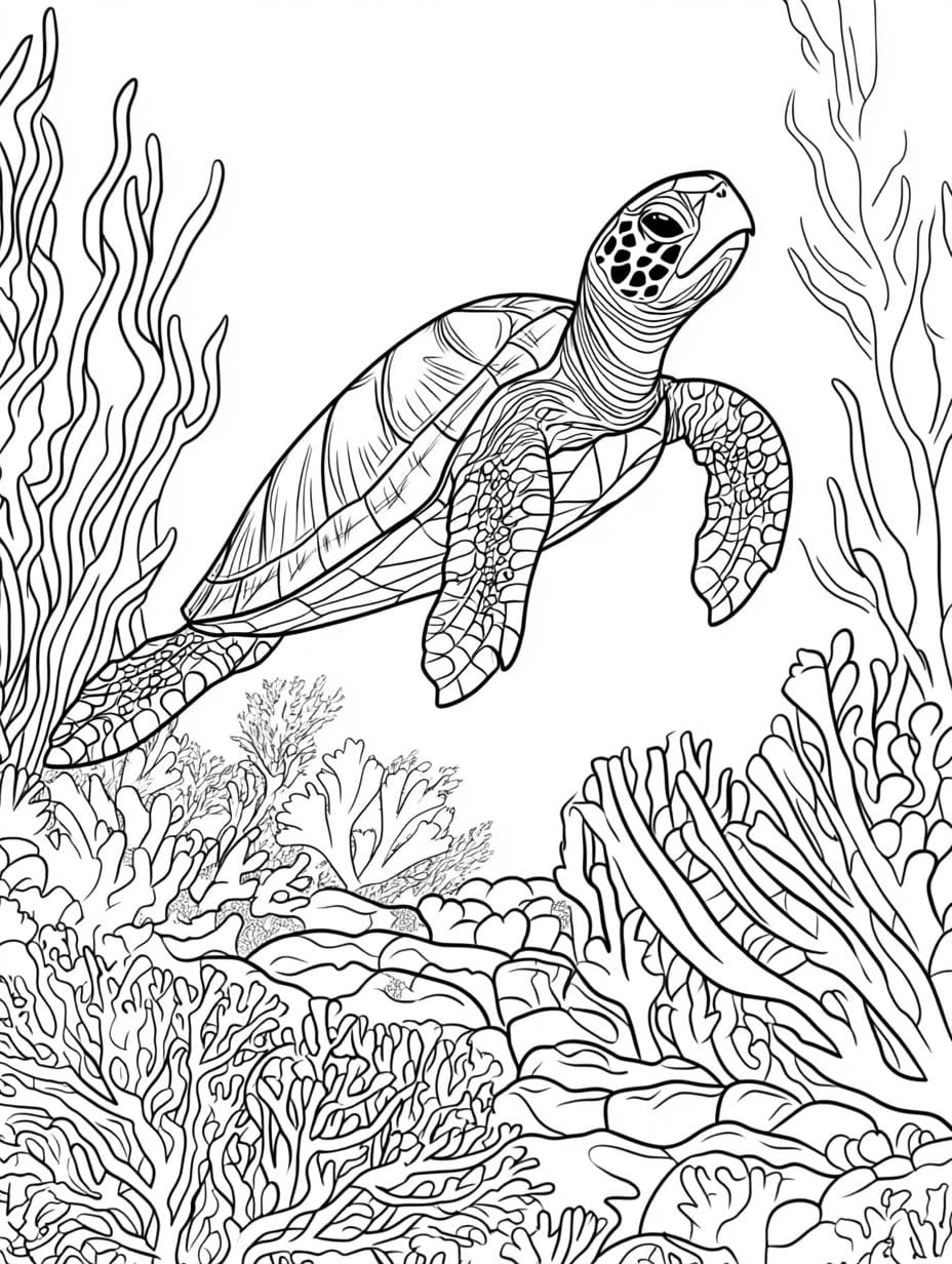 Sea Turtle Swimming Through The Reef Coloring Pages