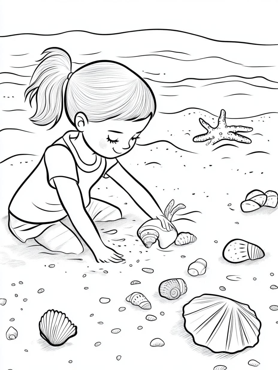 Seashell Collecting At The Beach Coloring Pages